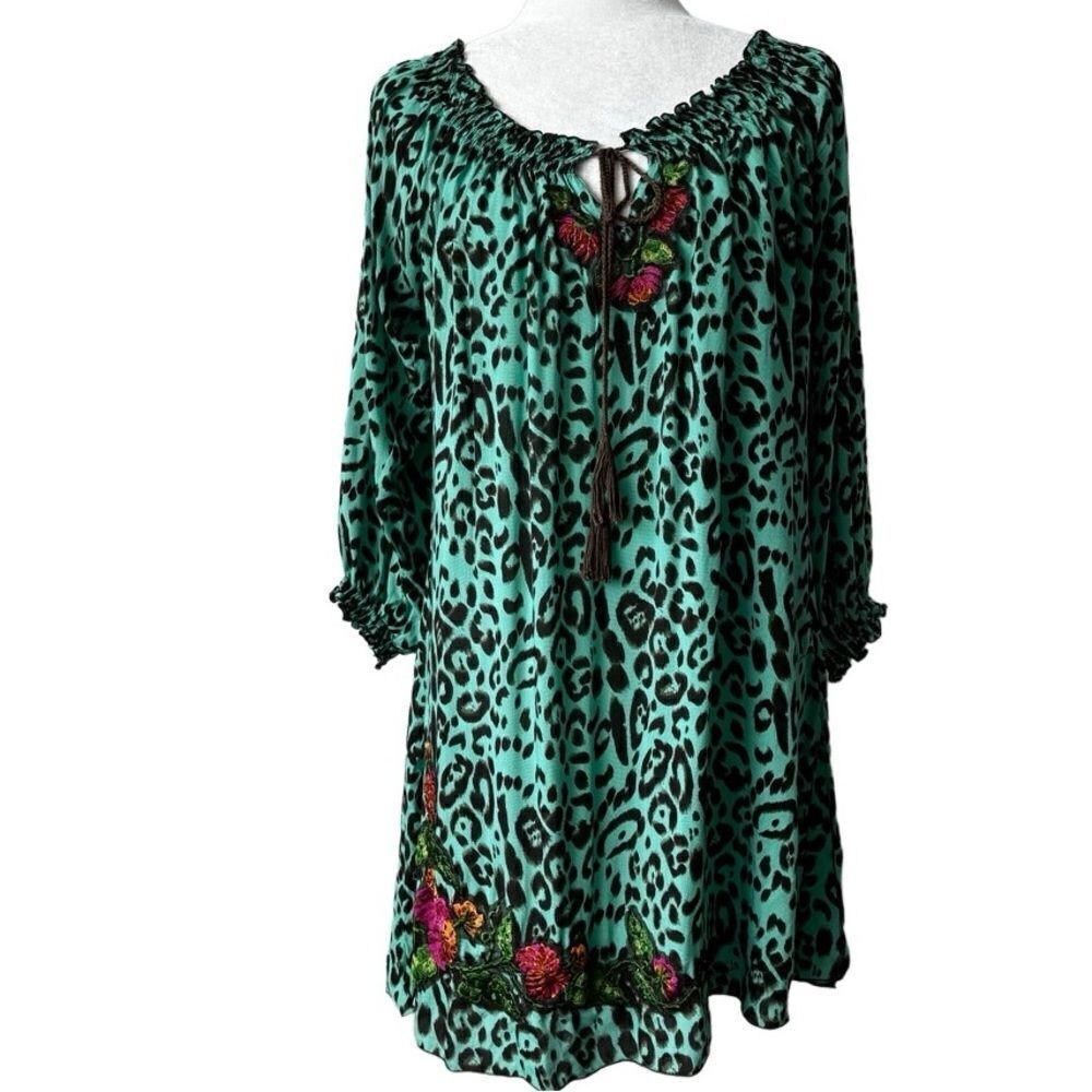 Krista Lee Animal Print Top Blouse Floral Embroidered Beaded Tunic SZ M